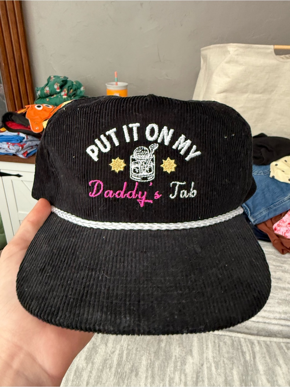 Black Corduroy Women’s Cap with Embroidered 'Put It On My Daddy's Tab'